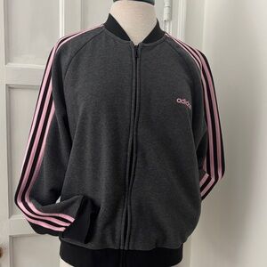 Adidas Women's Dark Gray Bomber Jacket with Pink Stripes